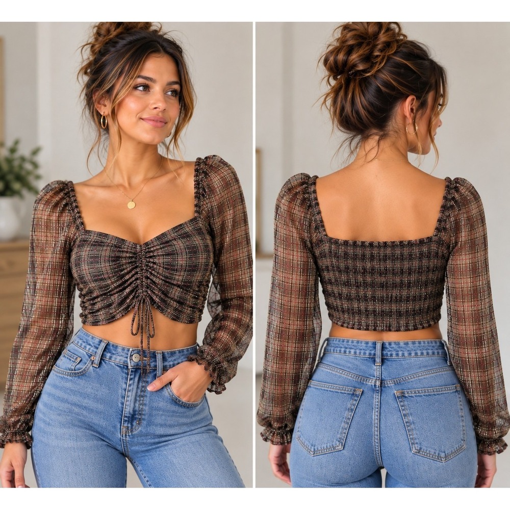 And Now This Women's S Metallic Plaid Ruched Crop Top Sheer Puff Sleeve Y2K